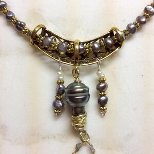 Genuine Tahitian Pearl slider with geniune Raw Diamonds and grey freshwater pearls necklace image 9