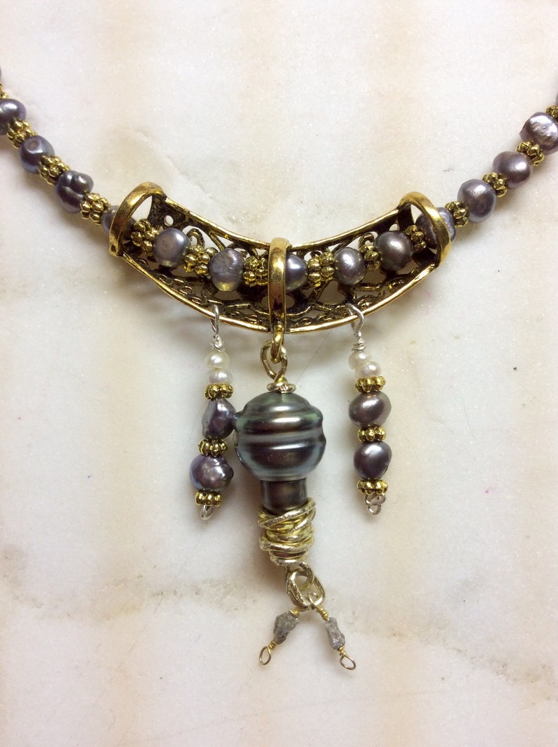 Genuine Tahitian Pearl slider with geniune Raw Diamonds and grey freshwater pearls necklace image 9