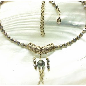 Genuine Tahitian Pearl slider with geniune Raw Diamonds and grey freshwater pearls necklace image 5