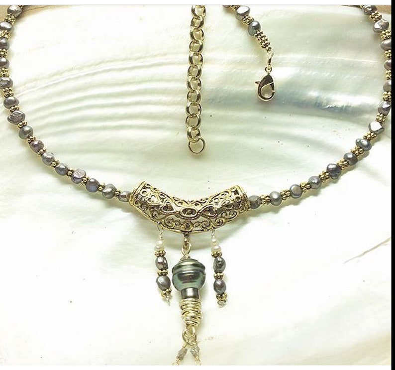Genuine Tahitian Pearl slider with geniune Raw Diamonds and grey freshwater pearls necklace image 5