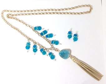 Tassel, Druzy, Turquoise, Agate dangles long chain necklace-The Elegance of Jewelry