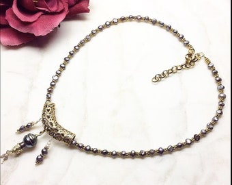 Genuine Tahitian Pearl slider with geniune Raw Diamonds and grey freshwater pearls necklace