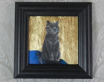 Hand Painted Miniature Painting of British Blue Cat on Gold Leaf Background.  Gift Box