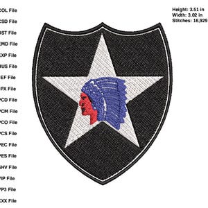 May include: Embroidered patch featuring a black shield shape with a white star and a Native American profile in red and blue. The patch is 3.51 inches high and 3.02 inches wide.
