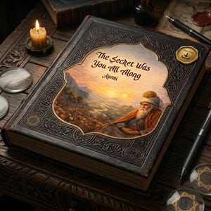 Op de afbeelding: Een donkerbruin, in leer gebonden boek met een sierlijke reliëfrand en een centrale illustratie van een bebaard persoon met een tulband die uitkijkt over een landschap bij zonsondergang. De tekst luidt: The Secret Was You All Along Rumi. Digitaal icoon.