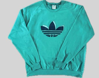 Vintage 1980s Adidas Trefoil Sweatshirt | Teal Big Logo Crewneck Jumper Made Finland | Size L