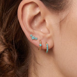 18K Gold Filled Blue Turquoise Ear Stack Set,Flower Stud Earrings,Huggie Hoops,Dainty Gold Earrings,Gift for Her