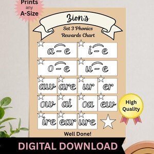 Personalisiertes Set 3 Phonics-Belohnungsdiagramm zum Ausdrucken | Belohnungsdiagramm für den Heimunterricht | Individuelle Lesetabelle für Kinder mit Namen (Digitaler Download)