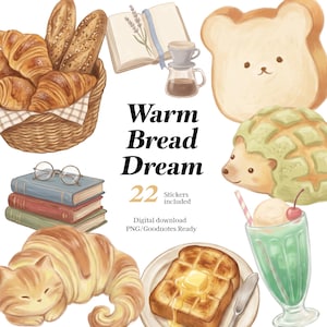 Aquarel bakkerijstickers, gezellig cafébrood, Goodnotes planner (digitale download)