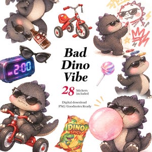 Puede incluir: Un conjunto de pegatinas digitales con ilustraciones de dinosaurios gris oscuro con gafas de sol negras. Los elementos incluyen un triciclo rojo, un despertador digital, una piruleta, una bolsa de patatas Dino Spicy y dinosaurios.