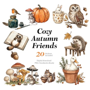 May include: A collection of watercolor-style illustrations featuring woodland animals, pumpkins, mushrooms, and autumn foliage. The text reads Cozy Autumn Friends, 20 Stickers included, and Digital download PNG/Goodnotes Ready. The set includes a robin, mouse, rabbit, owl, raccoon, hedgehog, chipmunk, and duck.