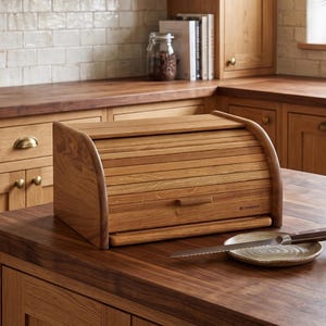 May include: A wooden bread box with a roll-top lid and a small handle, positioned on a wooden countertop next to a small ceramic plate holding a serrated bread knife. The bread box features a natural wood grain finish and a rectangular shape.