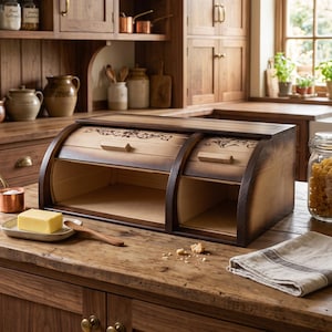 Puede incluir: Una panera de madera con dos compartimentos de tapa enrollable, bordes teñidos oscuros y tallas florales decorativas en los paneles frontales. La unidad cuenta con dos tiradores rectangulares de madera y se asienta sobre una encimera.