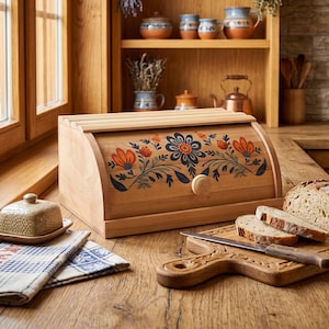 Caixa de pão artesanal de madeira com pintura floral.