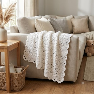 Textured Shell Stitch Crochet Baby Blanket Pattern (PDF), Beginner Friendly Scalloped Border