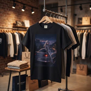 May include: Black t-shirt with an anime-style illustration of a woman and a car at dusk. The image has a cityscape background. The t-shirt is hanging on a wooden hanger with other shirts in a clothing store.