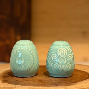 May include: A pair of light turquoise ceramic salt and pepper shakers with a glossy finish. Each shaker features a distinct embossed floral pattern on the front, with small holes at the top for dispensing seasoning in a kitchen setting.