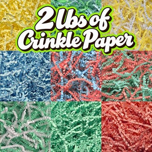 May include: A grid of fifteen squares displaying various colors of crinkle paper, including blue, yellow, red, green, and white. The text 2 Lbs of Crinkle Paper is overlaid in the center in white with a black and green outline.