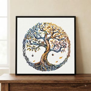 Può includere: Un ricamo a punto croce in cornice quadrata raffigurante un albero circolare con quattro distinte tavolozze di colori stagionali. Il tronco è marrone, con rami che mostrano foglie blu, gialle, arancioni e viola su uno sfondo bianco.