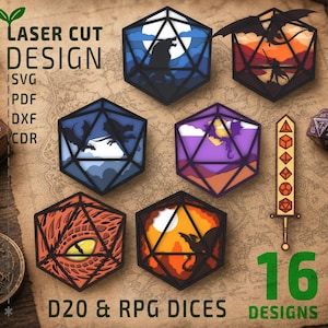May include: A collection of laser cut D20 and RPG dice designs featuring intricate scenes of dragons, wolves, and fantasy landscapes. The set includes sixteen distinct graphic patterns in various colors, including blue, orange, and purple, presented as digital files.