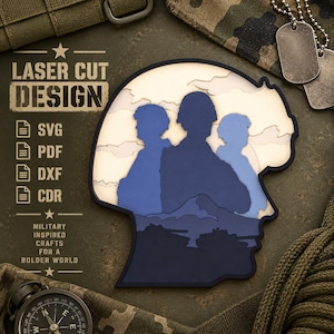 May include: A multi-layered laser cut design featuring silhouettes of three soldiers in blue tones against a light background, shaped like a helmet. Text includes LASER CUT DESIGN, SVG, PDF, DXF, CDR, and MILITARY INSPIRED CRAFTS FOR A BOLDER WORLD.