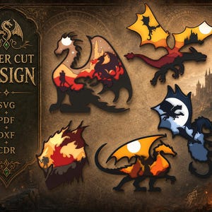 May include: A collection of five laser cut dragon designs featuring silhouettes of dragons and landscapes in orange, yellow, red, and blue tones. The text LASER CUT DESIGN, SVG, PDF, DXF, and CDR is displayed on the left side of the image.