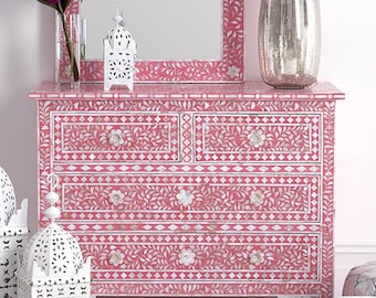 Knochen Inlay Kommode mit 4 Schubladen | Blumentisch Kommode | Eingangsbereich Schrank & Flur Aufbewahrungseinheit Knochen Inlay Buffet | Indische Möbel