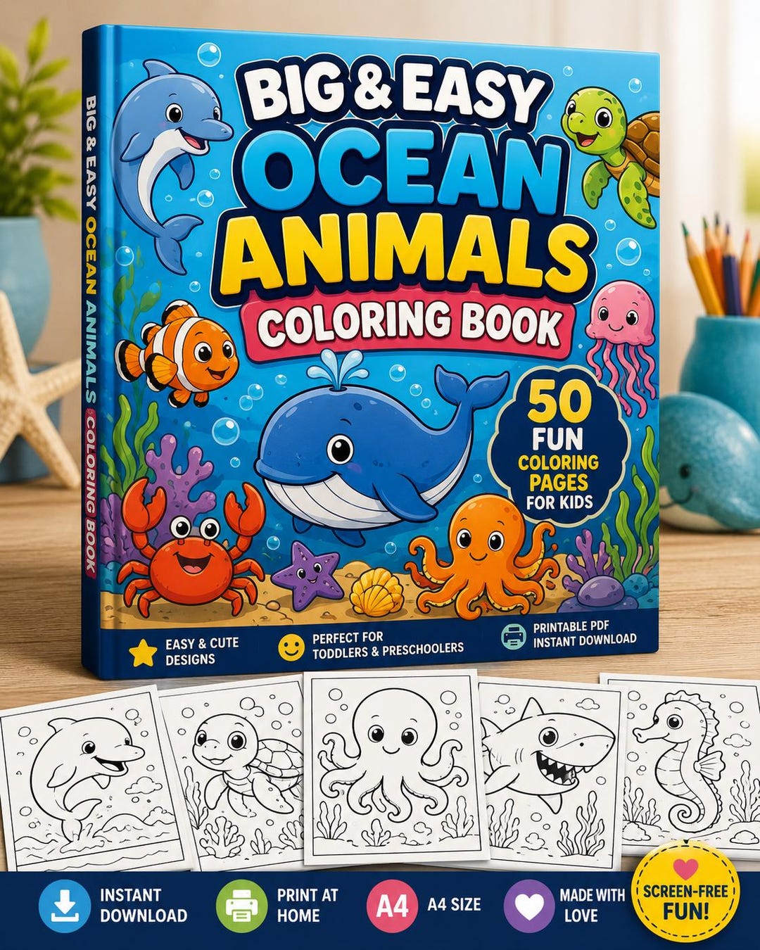 Big Easy Ocean Animals Coloring Book | 50 Printable Pages for Kids (PDF ...