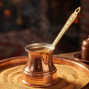 Turkisk kopparkaffekanna, handgjord cezve, turkisk grekisk arabisk kaffebryggare, spishällskaffekanna, utomhuskanna, presentask för kaffe