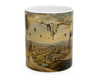 Tazza in ceramica con stampa della Turchia della Cappadocia, ispirata all'arte surrealista di Dalí, con mongolfiere e camini delle fate. Souvenir di viaggio.