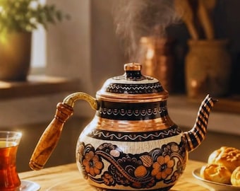 Hand-Engraved Turkish Copper Teapot, Turkish Tea Kettle,Traditional Anatolian Tea Kettle, Rustic Kitchen Decor, Stovetop Safe