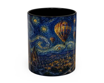 Tazza con tacchino della Cappadocia, ispirata a Van Gogh, con mongolfiere e immagini di Notte stellata e camini delle fate, souvenir di viaggio.