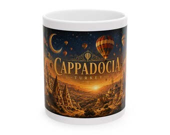 Tazza da caffè con stampa "Tarbadacia, tramonto dorato, mongolfiere", souvenir di viaggio per amanti dello sport.