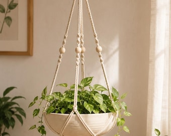 Beaded Macrame Plant Hanger, Boho Hanging Planter, Cotton Rope Plant Holder, Indoor Plant Decor, Plant Lover Gift, Housewarming Gift