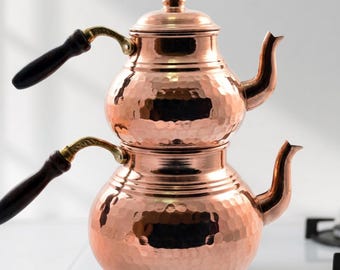 Handcrafted Copper Tea Set Vintage Turkish Double Boiler Kettle For Stovetop, Authentic Turkish Copper Tea Kettle