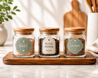 Barattolo in vetro personalizzato con coperchio in legno, contenitore ermetico da cucina, organizer personalizzato per spezie, caffè e dispensa, disponibile in 3 misure e con 36 design di etichette.