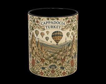 Tazza con tacchino della Cappadocia, decorazione floreale in stile William Morris, mongolfiere e camini delle fate, souvenir di viaggio.