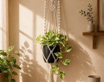 Wooden Dowel Plant Hanger, Macrame Wall Plant Holder, Boho Hanging Planter, Handmade Cotton Rope Decor, Plant Lover Gift