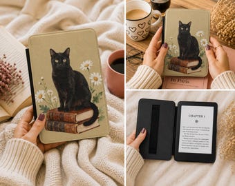 Black Cat Kindle Case, Book Lover Kindle Cover, Kindle Paperwhite Case, Cat Lover Gift, Vintage Reader Kindle Case, Literary Cat