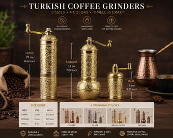 Handmade Turkish Coffee Grinder, Manual Coffee Mill, Pepper & Spice Grinder, 3 Sizes, 4 Colors, Coffee Lover Gift, Kitchen Decor