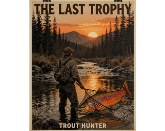 Trophy Fishing Poster, Angler Sunset Trout Hunter Wall Art, Fly Fishing Decor