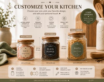 Tarro de almacenamiento de vidrio personalizado con tapa de madera, recipiente hermético para cocina, organizador de despensa para especias y café, 3 tamaños y 36 diseños de etiquetas.