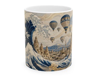 Tazza della Cappadocia, ispirata all'opera "La Grande Onda" di Hokusai, con mongolfiere e camini delle fate, souvenir di viaggio.