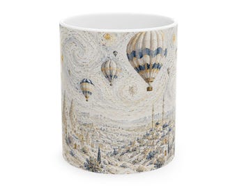 Tazza in ceramica con motivo Turchia Cappadocia, paesaggio ispirato a Monet, mongolfiere e camini delle fate, souvenir di viaggio.