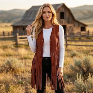 Puede incluir: Un chaleco largo de ante color óxido con múltiples niveles de flecos, diseño sin mangas y cierre frontal de botones. El chaleco se lleva sobre una camisa blanca de manga larga y pantalones oscuros, mostrando una apariencia texturizada y en capas.