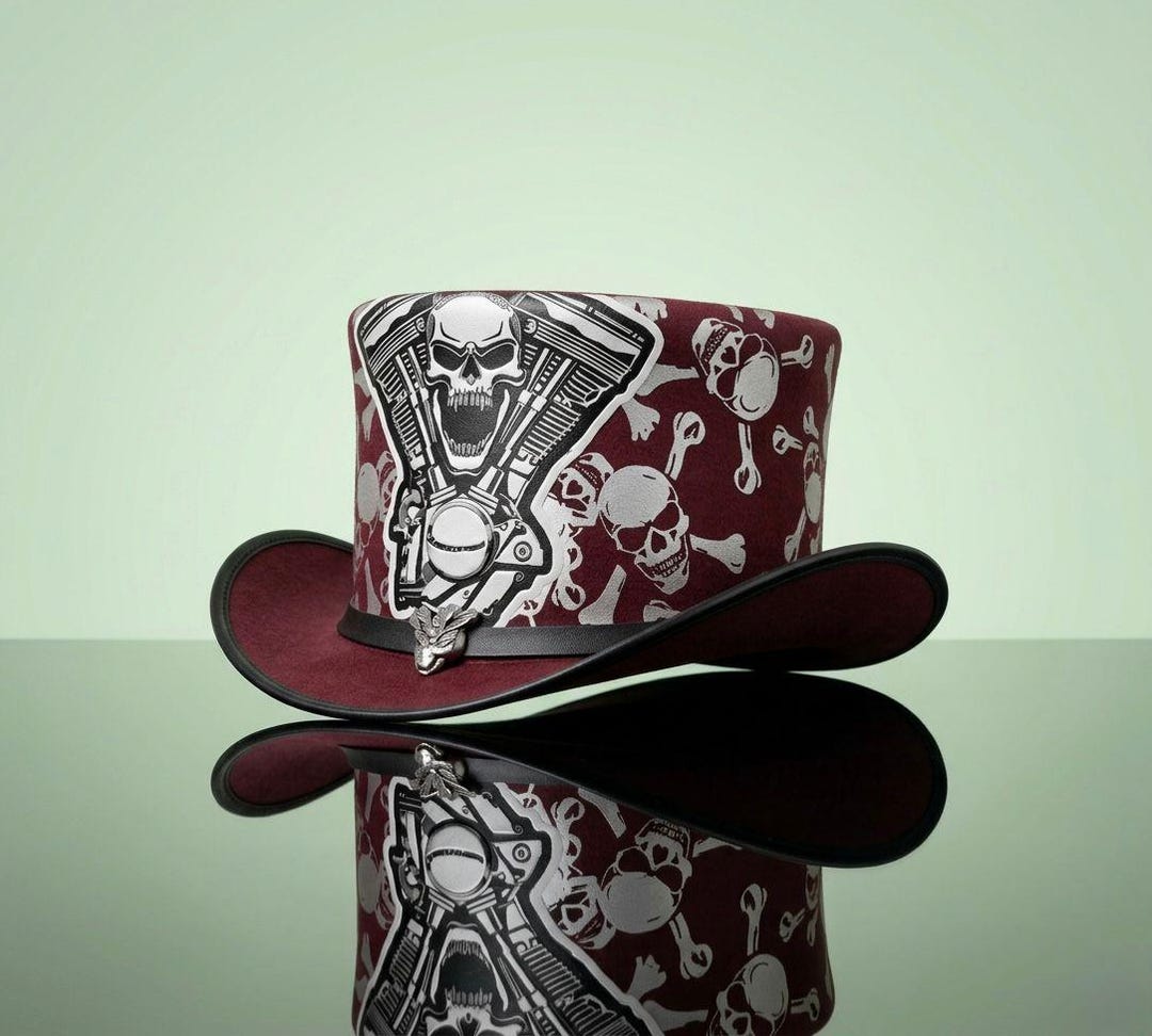 Engine Block Hat Handmade Skull Engine Print Leather Top Hat | Biker Gothic Rock ...