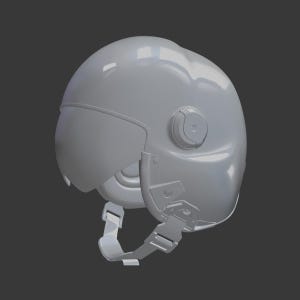 May include: A grey, glossy helmet with a visor and chin strap. The helmet has a rounded shape with a circular adjustment dial on the side. The chin strap features a buckle for secure fastening. The helmet is designed for protection.