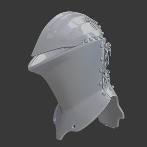 Op de afbeelding: Een grijze helm in middeleeuwse stijl met een puntige bovenkant en een scharnierend vizier. De helm heeft decoratieve klinknagels en sierlijke details langs de zijkanten en achterkant, wat wijst op een historisch of fantasiethema.