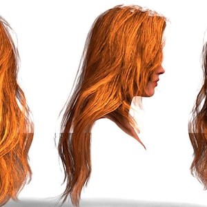 Op de afbeelding: Drie aanzichten van lang, golvend, rossig haar. De eerste weergave is van achteren, de tweede is een zijaanzicht en de derde is een vooraanzicht van een vrouw met het haar dat haar gezicht omlijst. Het haar heeft een natuurlijke, vloeiende uitstraling.