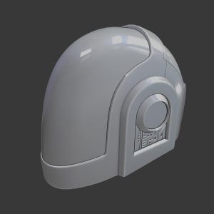 May include: A grey, futuristic helmet with a smooth, reflective surface. The helmet has a rounded design with a circular element and a rectangular panel with detailed patterns on the side. The overall aesthetic suggests a sci-fi or cosplay theme.